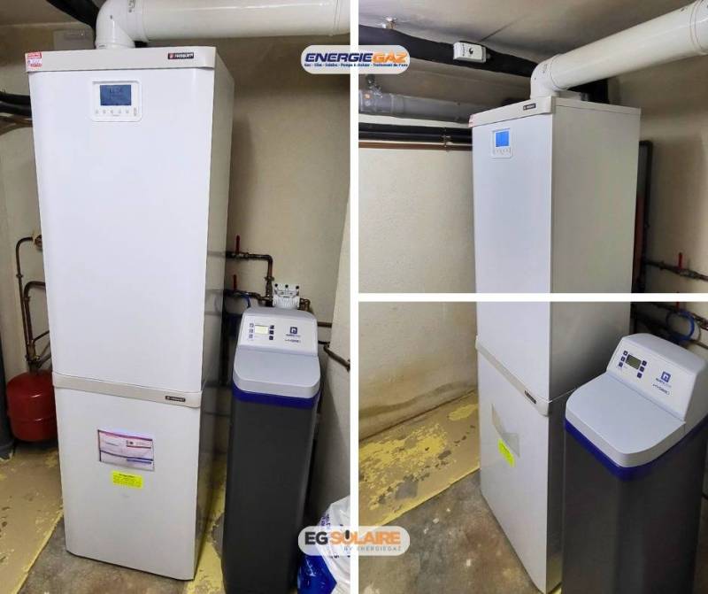 Installation d’une chaudière au sol Frisquet Prestige Condensation Visio 32 kW avec ballon 120 L et adoucisseur d’eau, réalisée par ENERGIE GAZ pour améliorer le confort thermique et la qualité de l’eau du logement.