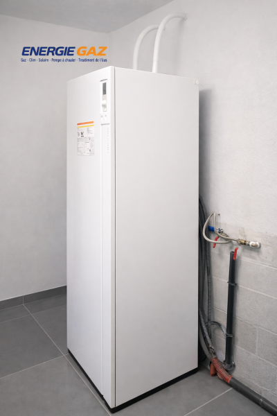 Module intérieur de la pompe à chaleur Atlantic Alféa Extensa Duo AI 8 installé pour alimenter un plancher chauffant et produire l’eau chaude sanitaire.  