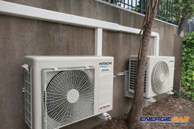 Unités extérieures Hitachi Air Home – Installation bi-split Deux groupes extérieurs fixés sur supports muraux, positionnés pour garantir performance, stabilité et bonne circulation de l’air.