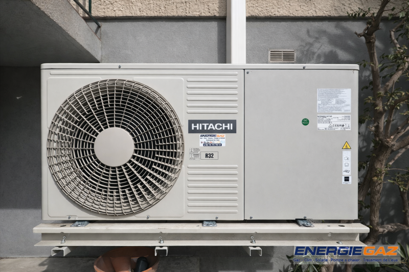 Pompe à chaleur Hitachi – Détail de l’installation Vue de face mettant en avant le groupe extérieur et son intégration soignée sur la façade.
