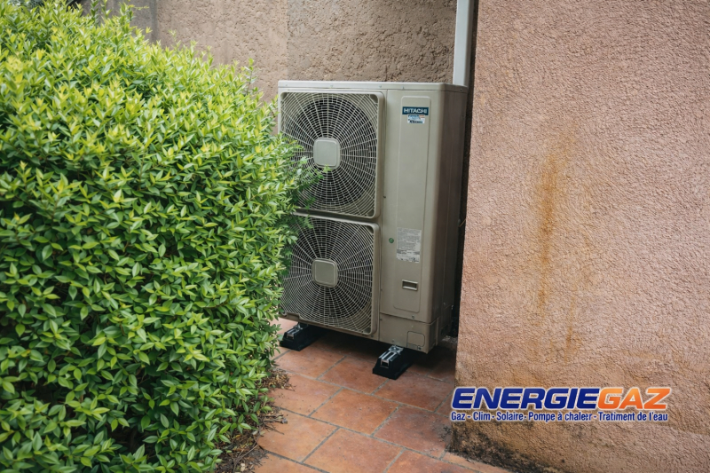 Installation de l’unité extérieure de pompe à chaleur Hitachi. performance optimale, fonctionnement silencieux.