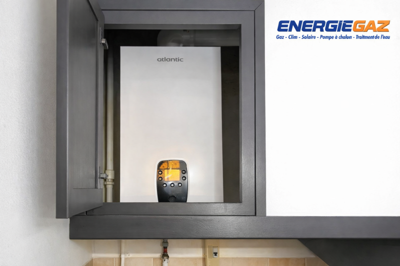 Chaudière gaz Atlantic Naema 3 micro 25 installée dans un meuble technique pour une intégration discrète dans le logement.