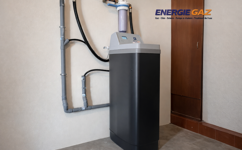 Installation d’un adoucisseur monobloc NSC 17L réalisée par ENERGIE GAZ afin de réduire le calcaire et protéger les équipements du logement.