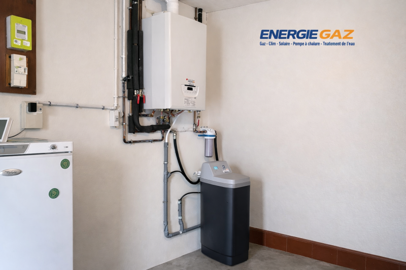 Pose d’une chaudière gaz Saunier Duval ThemaPlus F25 avec tubage du conduit en B23P et désembouage du réseau de chauffage, réalisée par ENERGIE GAZ.